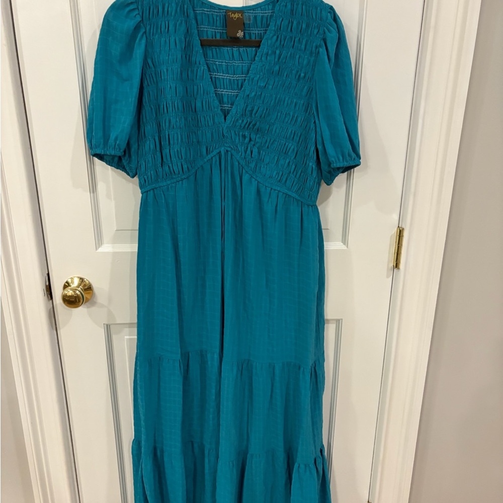 Taylor Teal Smocked V-Neck Maxi Dress with Puff Sleeves - Picture 2 of 5